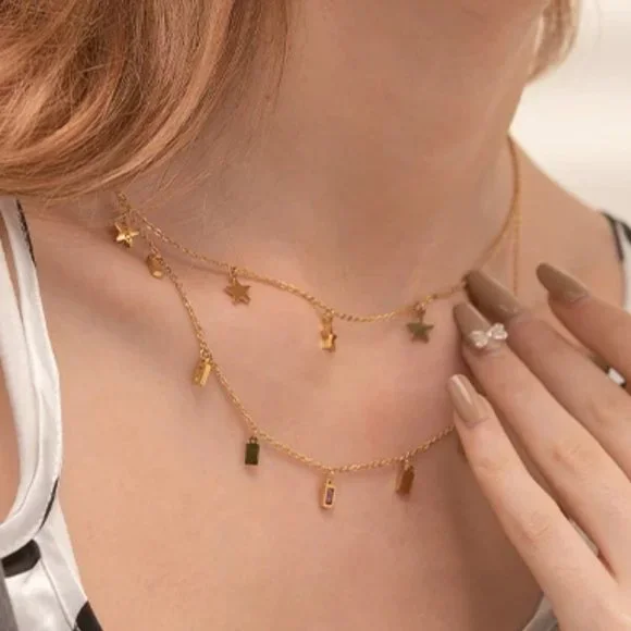 NEW 18K Gold Plated Star Square Drop Double Layer Necklace - Picture 1 of 7